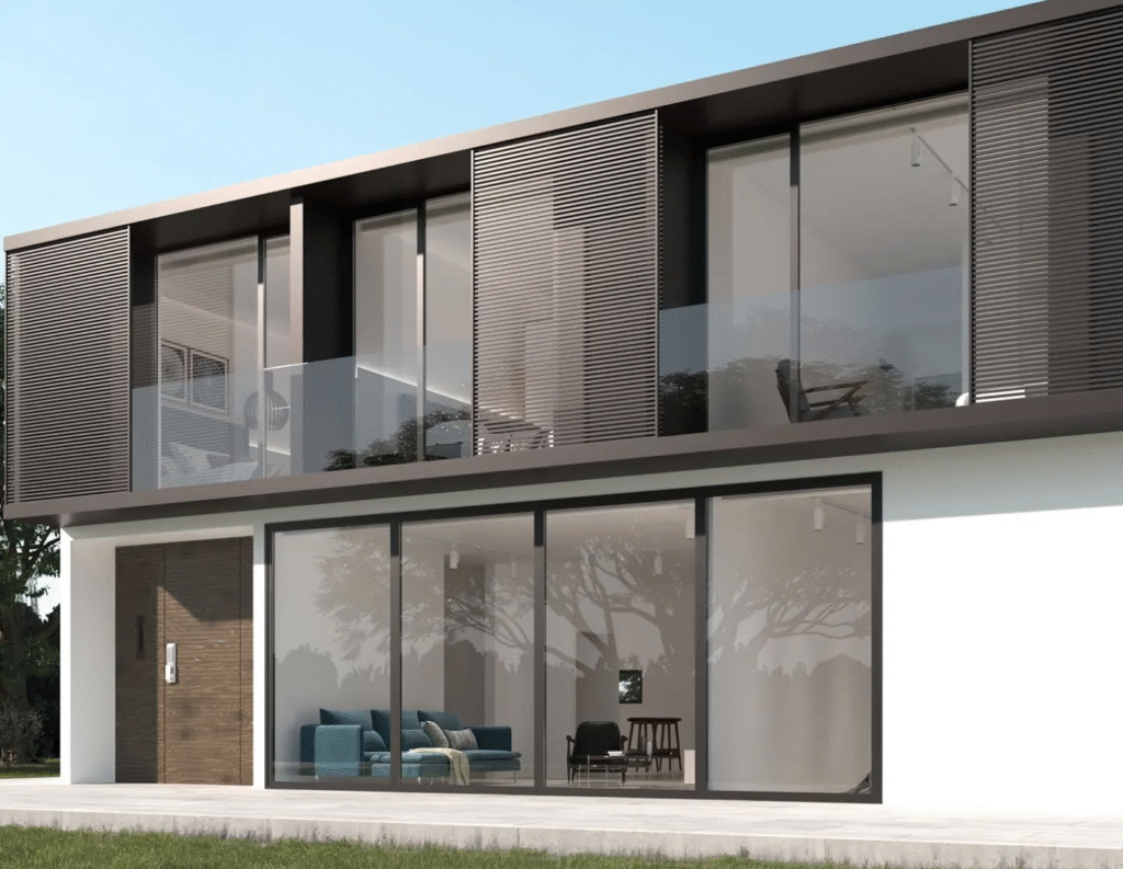 Prefabricated structure with a modern black & white façade, designed for fast delivery and installation in Belize’s climate.